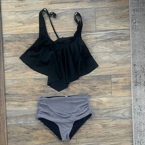 Black Flowy Top with Striped Bottoms